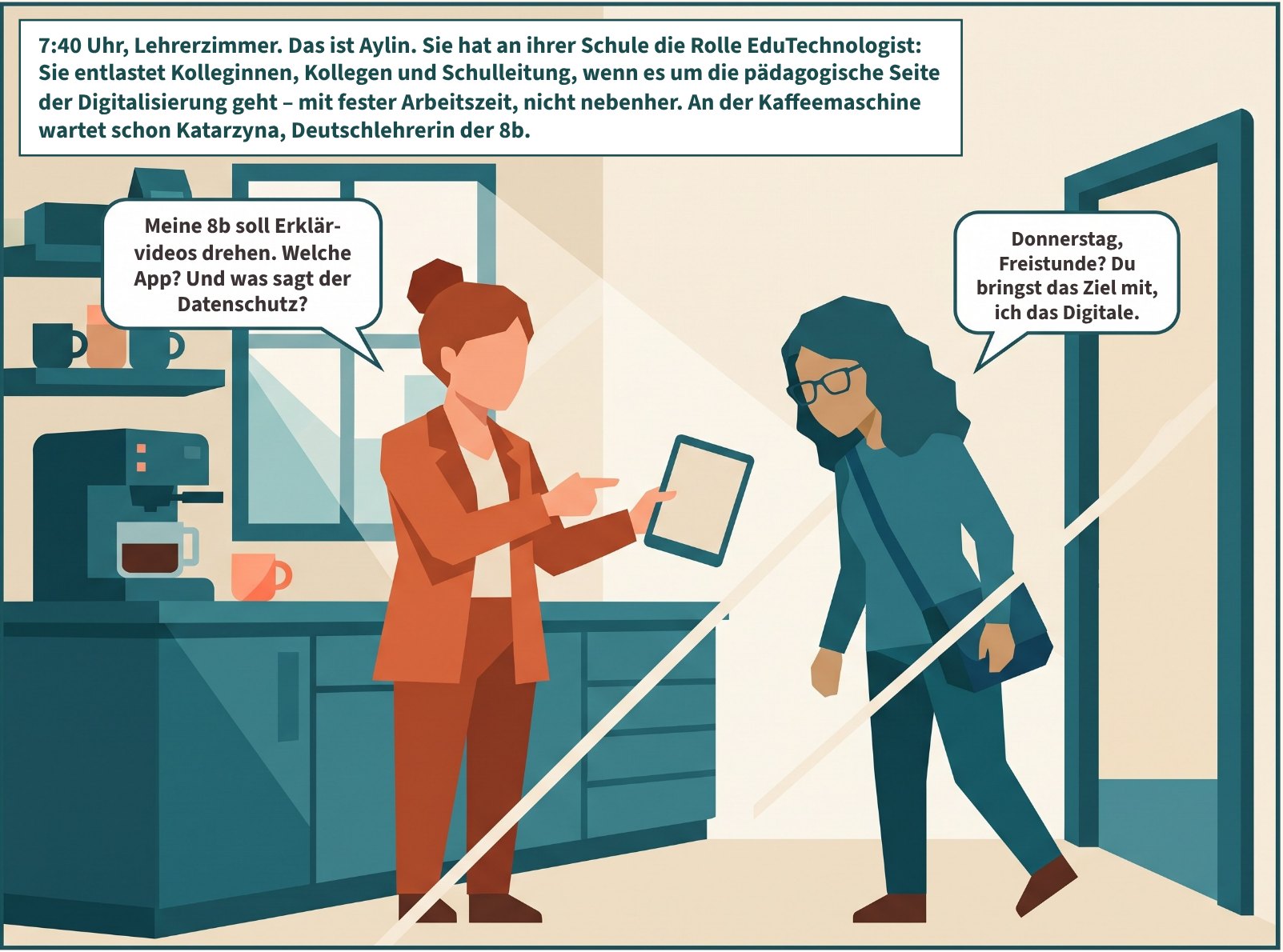 Szene 1: Aylin kommt mit der Umhängetasche herein. An der Kaffeemaschine hält Katarzyna ihr ein Tablet hin und zeigt darauf. Aylin beugt sich interessiert vor. Am Ende nicken beide. 7:40 Uhr, Lehrerzimmer. Das ist Aylin. Sie hat an ihrer Schule die Rolle EduTechnologist: Sie entlastet Kolleginnen, Kollegen und Schulleitung, wenn es um die pädagogische Seite der Digitalisierung geht – mit fester Arbeitszeit, nicht nebenher. An der Kaffeemaschine wartet schon Katarzyna, Deutschlehrerin der 8b. „Meine 8b soll Erklärvideos drehen. Welche App? Und was sagt der Datenschutz?“ „Donnerstag, Freistunde? Du bringst das Ziel mit, ich das Digitale.“