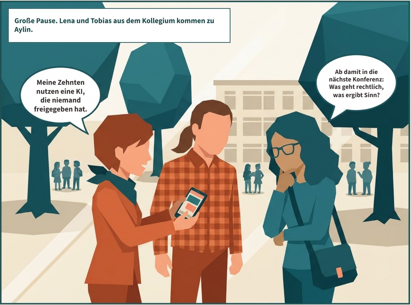 Szene 5: Lena zeigt Aylin auf dem Smartphone ein Chatfenster (ohne lesbaren Inhalt). Tobias nickt. Aylin hört zu, die Hand am Kinn. Große Pause. Lena und Tobias aus dem Kollegium kommen zu Aylin. „Meine Zehnten nutzen eine KI, die niemand freigegeben hat.“ „Ab damit in die nächste Konferenz: Was geht rechtlich, was ergibt Sinn?“